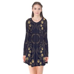 Floral Folk Damask Pattern Fantasy Flowers Floral Geometric Fantasy Long Sleeve V-neck Flare Dress by Eskimos