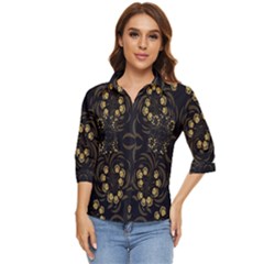 Floral Folk Damask Pattern Fantasy Flowers Floral Geometric Fantasy Women s Quarter Sleeve Pocket Shirt