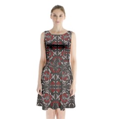 Floral Folk Damask Pattern Fantasy Flowers Floral Geometric Fantasy Sleeveless Waist Tie Chiffon Dress by Eskimos