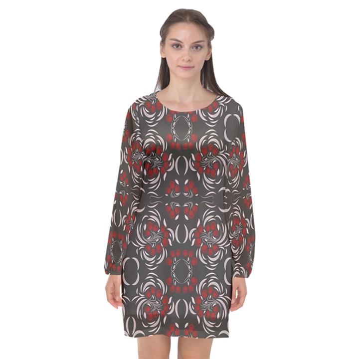 Floral folk damask pattern Fantasy flowers Floral geometric fantasy Long Sleeve Chiffon Shift Dress 