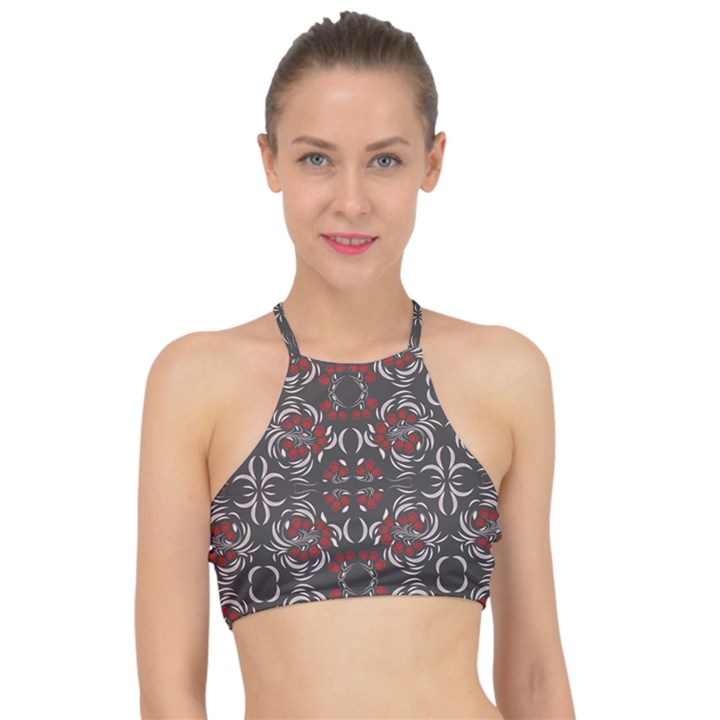 Floral folk damask pattern Fantasy flowers Floral geometric fantasy Racer Front Bikini Top