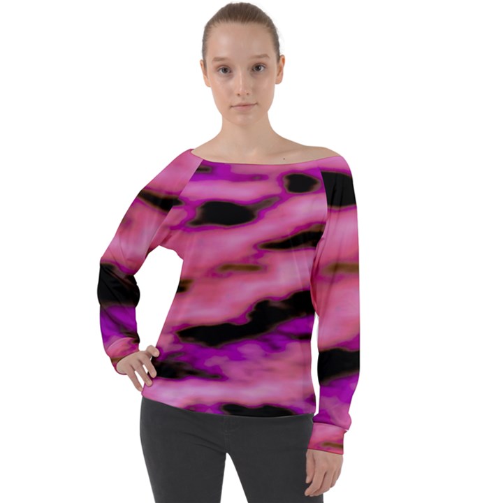 Pink  Waves Flow Series 2 Off Shoulder Long Sleeve Velour Top