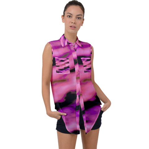 Pink  Waves Flow Series 2 Sleeveless Chiffon Button Shirt by DimitriosArt