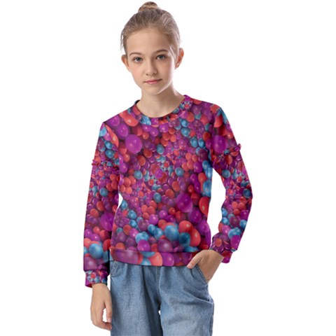 Colorful Spheres Motif Print Design Pattern Kids  Long Sleeve Tee With Frill  by dflcprintsclothing