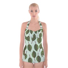 Green Leaves Boyleg Halter Swimsuit 