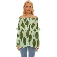 Green Leaves Off Shoulder Chiffon Pocket Shirt