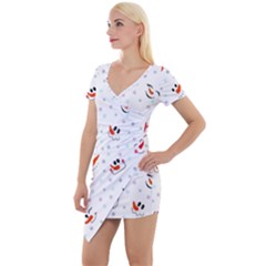 Cute Faces Of Snowmen Short Sleeve Asymmetric Mini Dress by SychEva