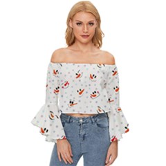 Cute Faces Of Snowmen Off Shoulder Flutter Bell Sleeve Top by SychEva