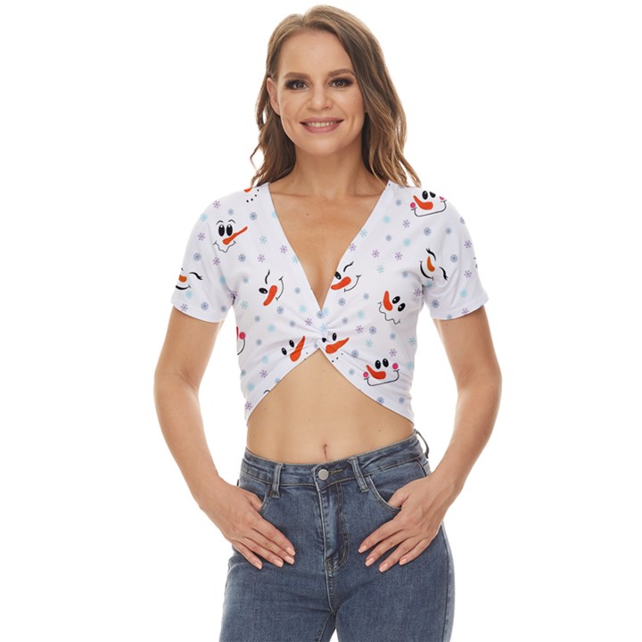 Cute Faces Of Snowmen Twist Front Crop Top