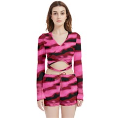 Pink  Waves Flow Series 3 Velvet Wrap Crop Top And Shorts Set by DimitriosArt