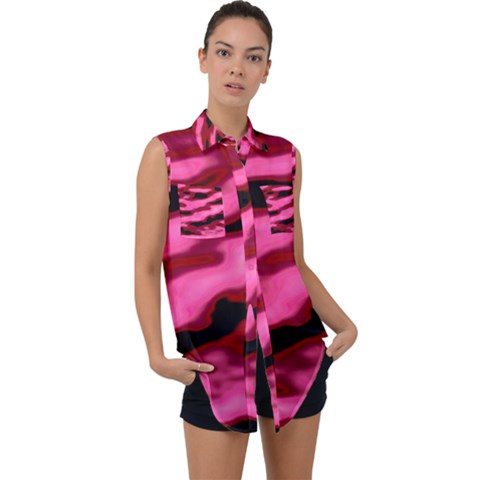 Pink  Waves Flow Series 3 Sleeveless Chiffon Button Shirt by DimitriosArt