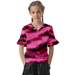 Pink  Waves Flow Series 3 Kids  V-neck Horn Sleeve Blouse