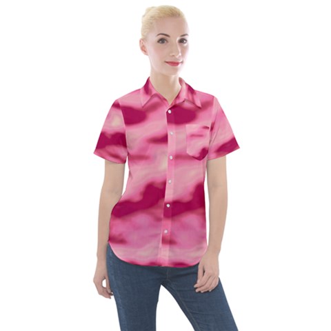 Pink  Waves Flow Series 4 Women s Short Sleeve Pocket Shirt by DimitriosArt