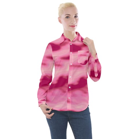 Pink  Waves Flow Series 4 Women s Long Sleeve Pocket Shirt by DimitriosArt