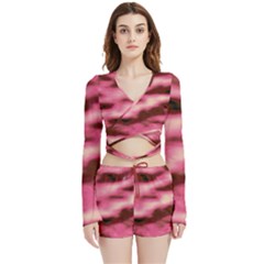 Pink  Waves Flow Series 6 Velvet Wrap Crop Top And Shorts Set by DimitriosArt