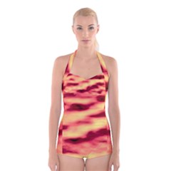 Red Waves Flow Series 3 Boyleg Halter Swimsuit  by DimitriosArt