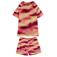 Red Waves Flow Series 3 Kids  Swim Tee And Shorts Set by DimitriosArt