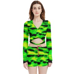 Green Waves Flow Series 3 Velvet Wrap Crop Top And Shorts Set by DimitriosArt