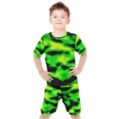 Green Waves Flow Series 3 Kids  Tee And Shorts Set by DimitriosArt