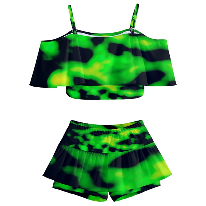 Green Waves Flow Series 3 Kids  Off Shoulder Skirt Bikini