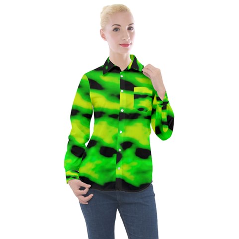 Green Waves Flow Series 3 Women s Long Sleeve Pocket Shirt by DimitriosArt