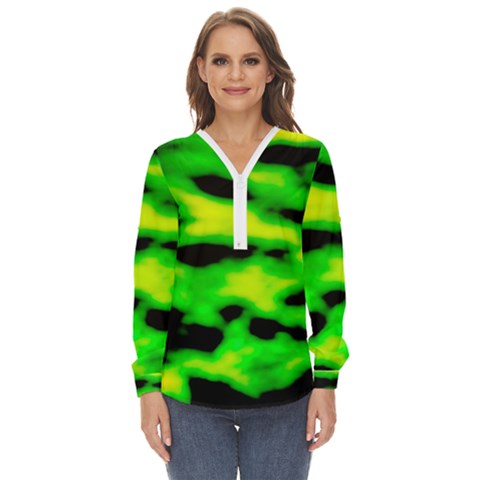 Green Waves Flow Series 3 Zip Up Long Sleeve Blouse by DimitriosArt