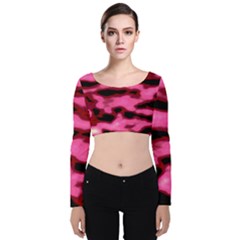 Pink  Waves Flow Series 9 Velvet Long Sleeve Crop Top by DimitriosArt