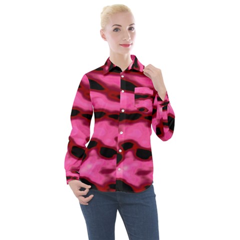 Pink  Waves Flow Series 9 Women s Long Sleeve Pocket Shirt by DimitriosArt