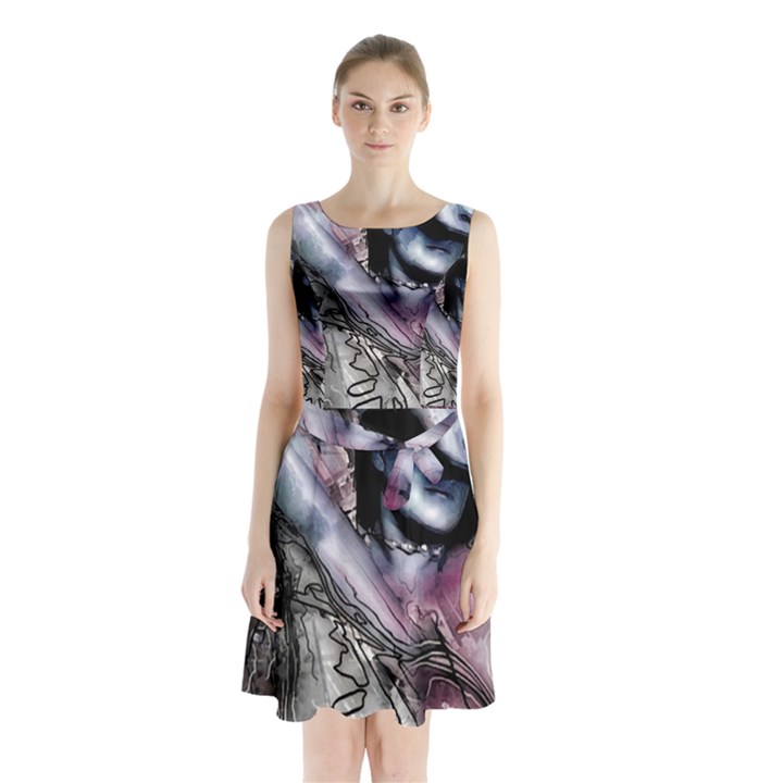 Watercolor Girl Sleeveless Waist Tie Chiffon Dress