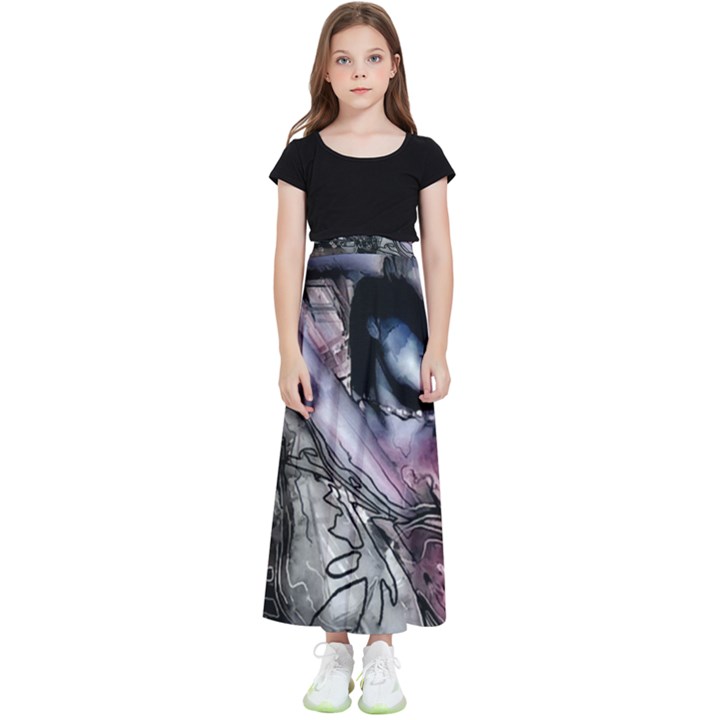 Watercolor Girl Kids  Flared Maxi Skirt