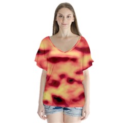 Red Waves Flow Series 4 V-neck Flutter Sleeve Top by DimitriosArt