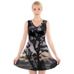 Sunset Coastal Park Landscape, Montevideo Uruguay V-neck Sleeveless Dress by dflcprintsclothing