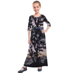 Sunset Coastal Park Landscape, Montevideo Uruguay Kids  Quarter Sleeve Maxi Dress by dflcprintsclothing