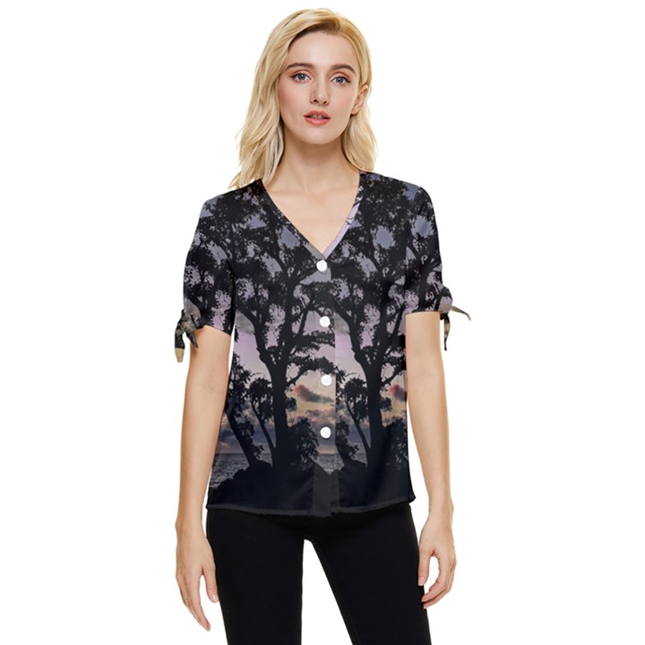 Sunset Coastal Park Landscape, Montevideo Uruguay Bow Sleeve Button Up Top