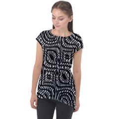 Black And White Abstract Tribal Print Cap Sleeve High Low Top by dflcprintsclothing