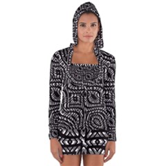 Black And White Abstract Tribal Print Long Sleeve Hooded T-shirt