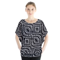 Black And White Abstract Tribal Print Batwing Chiffon Blouse