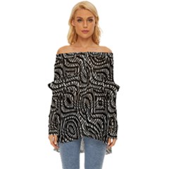 Black And White Abstract Tribal Print Off Shoulder Chiffon Pocket Shirt by dflcprintsclothing