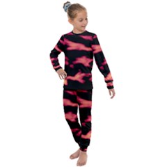 Red Waves Flow Series 5 Kids  Long Sleeve Set  by DimitriosArt