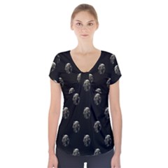 Creepy Head Sculpture With Respirator Motif Pattern Short Sleeve Front Detail Top by dflcprintsclothing