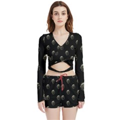 Creepy Head Sculpture With Respirator Motif Pattern Velvet Wrap Crop Top And Shorts Set by dflcprintsclothing