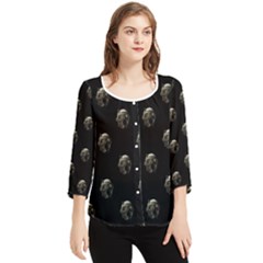 Creepy Head Sculpture With Respirator Motif Pattern Chiffon Quarter Sleeve Blouse