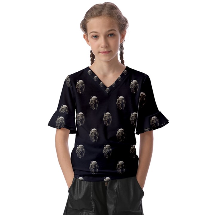 Creepy Head Sculpture With Respirator Motif Pattern Kids  V-Neck Horn Sleeve Blouse