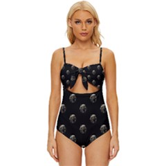 Creepy Head Sculpture With Respirator Motif Pattern Knot Front One-piece Swimsuit by dflcprintsclothing