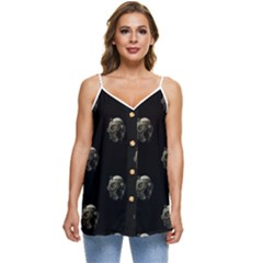 Creepy Head Sculpture With Respirator Motif Pattern Casual Spaghetti Strap Chiffon Top