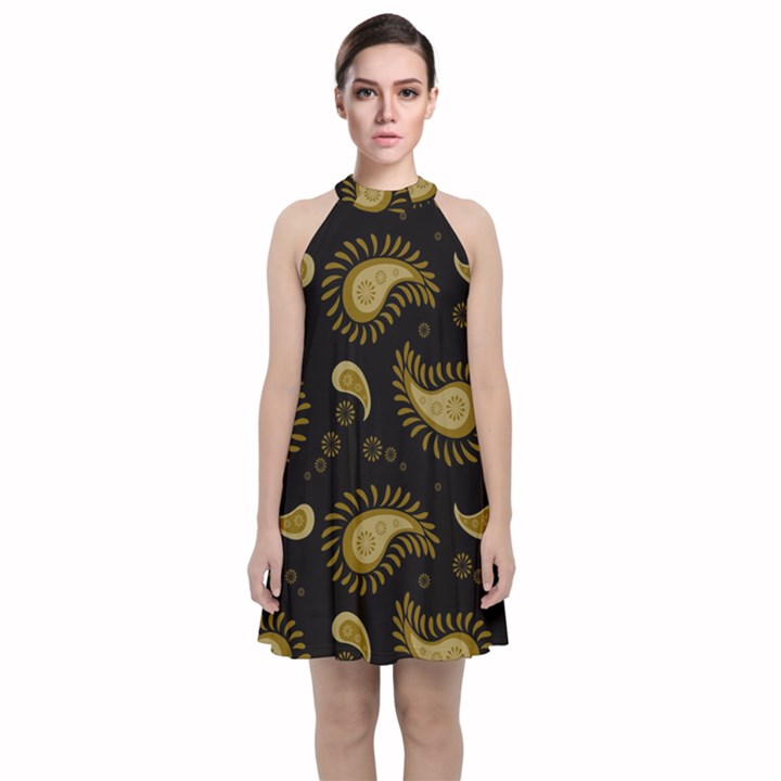 Floral pattern paisley style Paisley print  Doodle background Velvet Halter Neckline Dress 