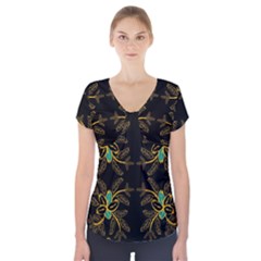 Floral Folk Damask Pattern  Short Sleeve Front Detail Top by Eskimos