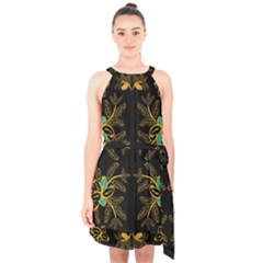 Floral Folk Damask Pattern  Halter Collar Waist Tie Chiffon Dress by Eskimos