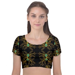 Floral Folk Damask Pattern  Velvet Short Sleeve Crop Top  by Eskimos