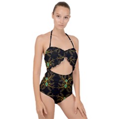 Floral Folk Damask Pattern  Scallop Top Cut Out Swimsuit by Eskimos